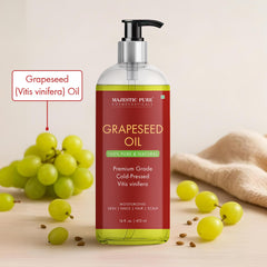 Pouring Majestic Pure Grapeseed Oil highlights its lightweight, fast-absorbing texture.