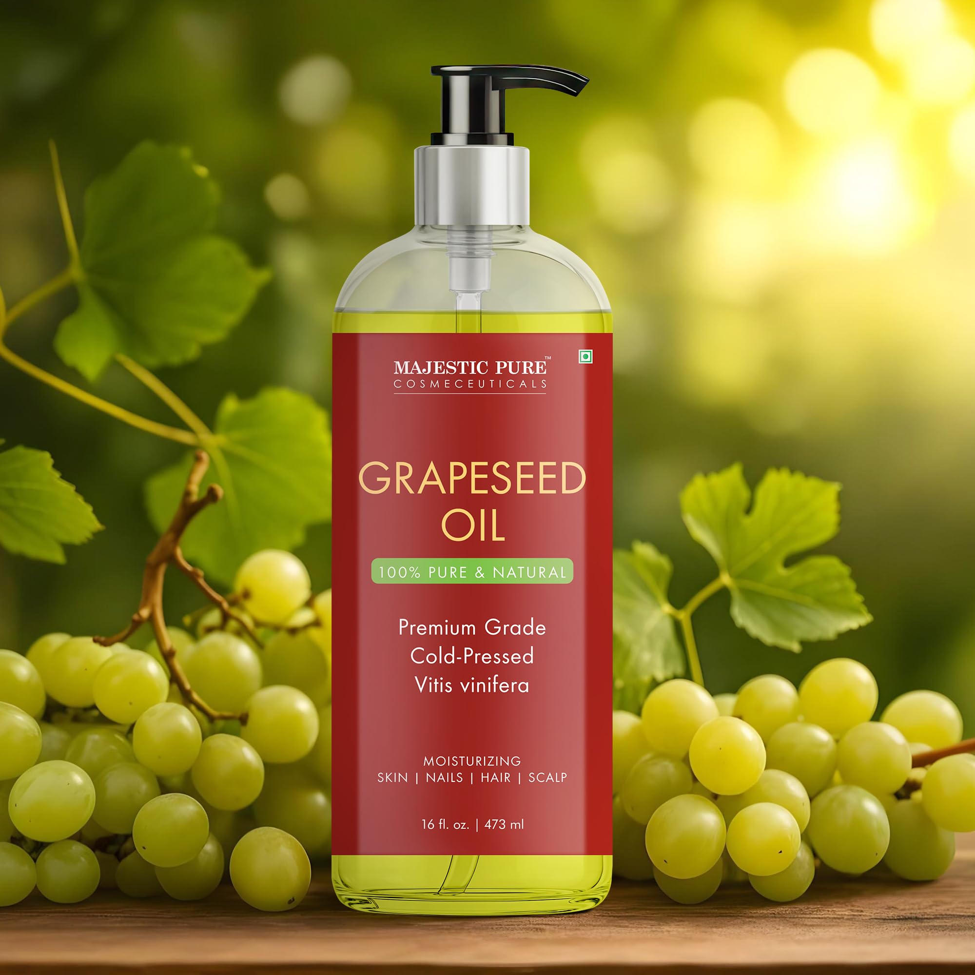 Majestic Pure Grapeseed Oil applied to skin for lightweight moisturization.