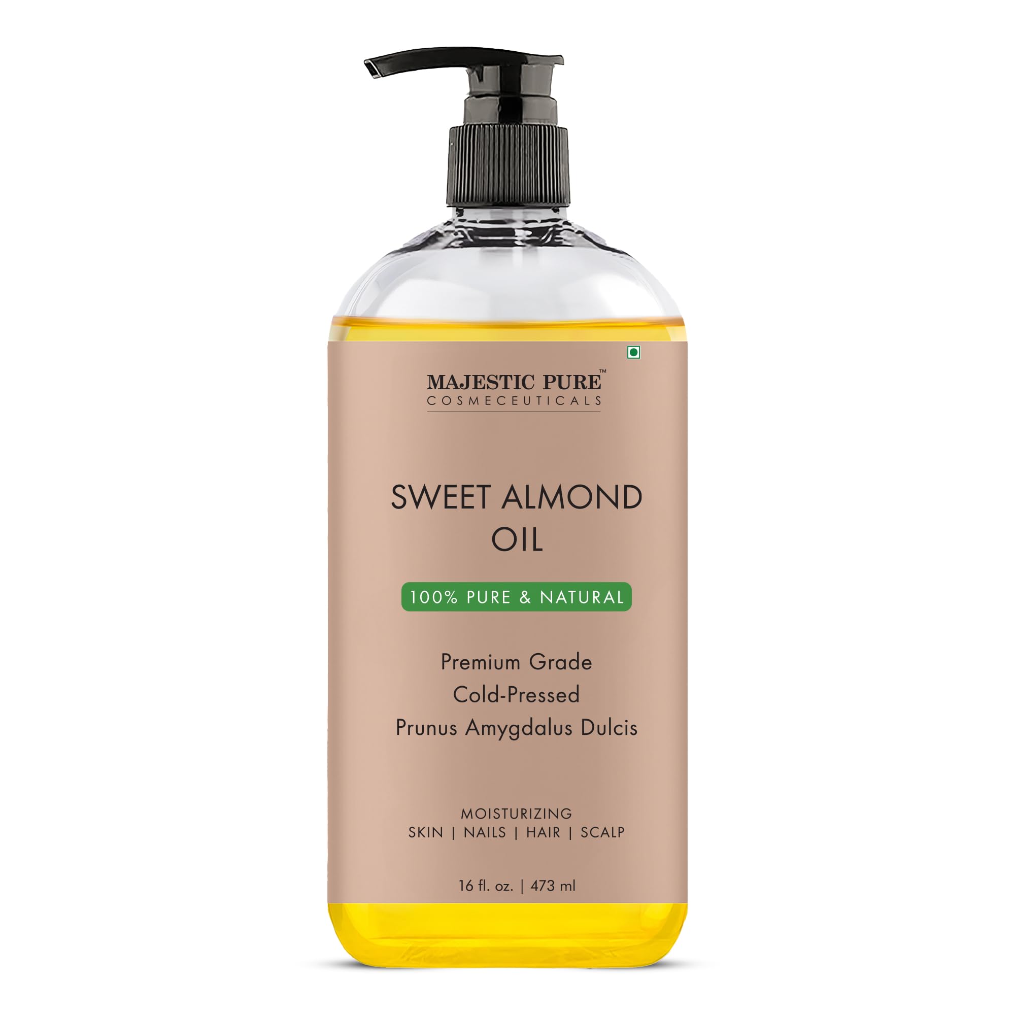 Majestic Pure Sweet Almond Oil bottle front for skin hydration
