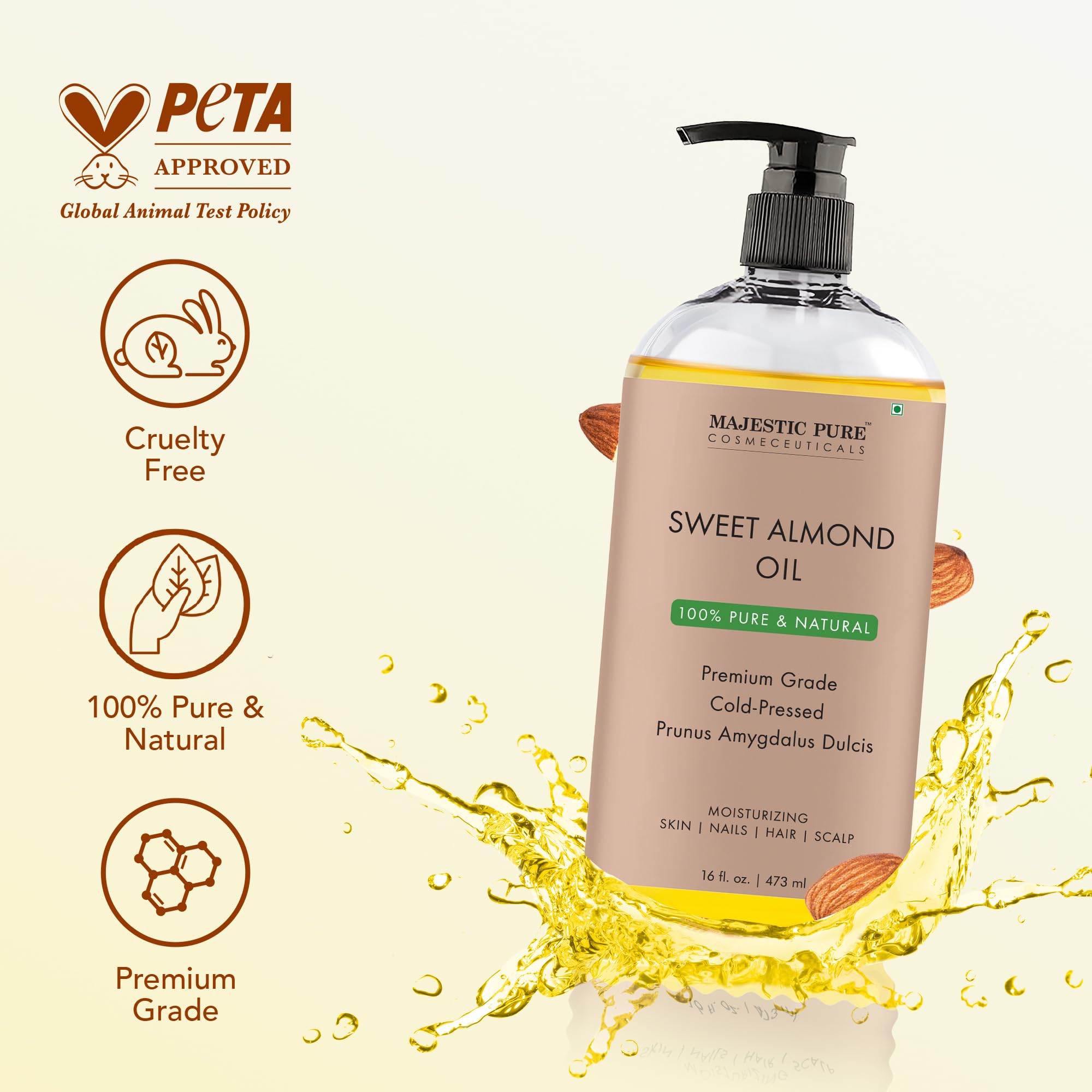 Majestic Pure Sweet Almond Oil bottle pour for easy application