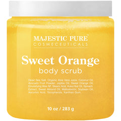 Cruelty-free badge and packaging of Majestic Pure Sweet Orange Body Scrub.