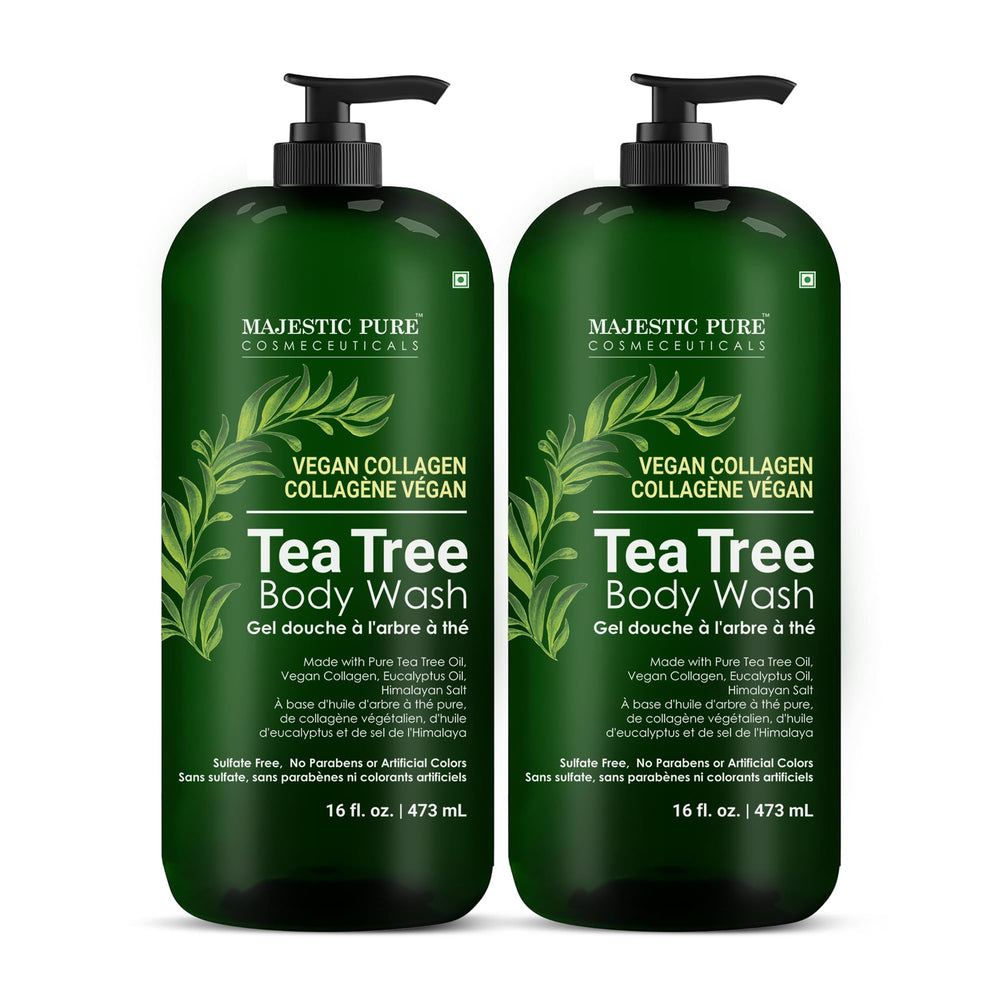 Majestic Pure Tea Tree Body Wash bottle pour shows a refreshing cleanse