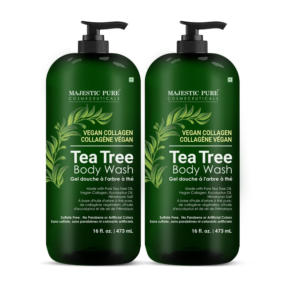 Majestic Pure Tea Tree Body Wash bottle pour shows a refreshing cleanse