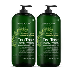 Majestic Pure Tea Tree Body Wash bottle pour shows a refreshing cleanse
