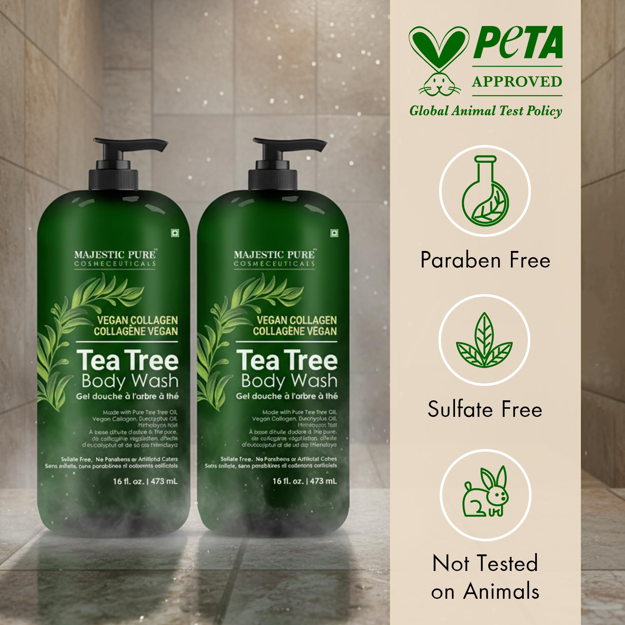 Majestic Pure Tea Tree Body Wash ingredients highlight with botanicals