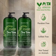 Majestic Pure Tea Tree Body Wash ingredients highlight with botanicals