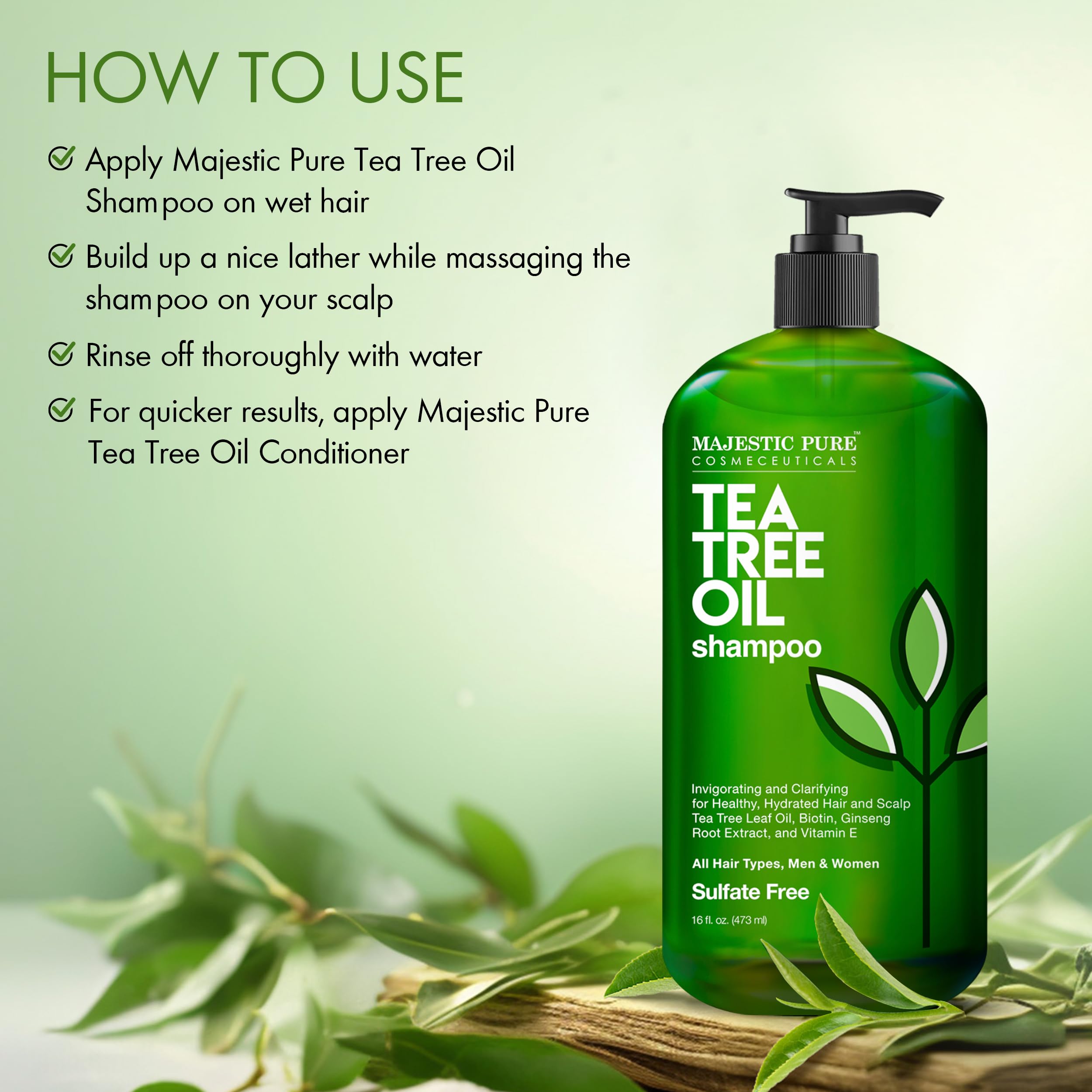 Majestic Pure Tea Tree Shampoo label shows tea tree oil content