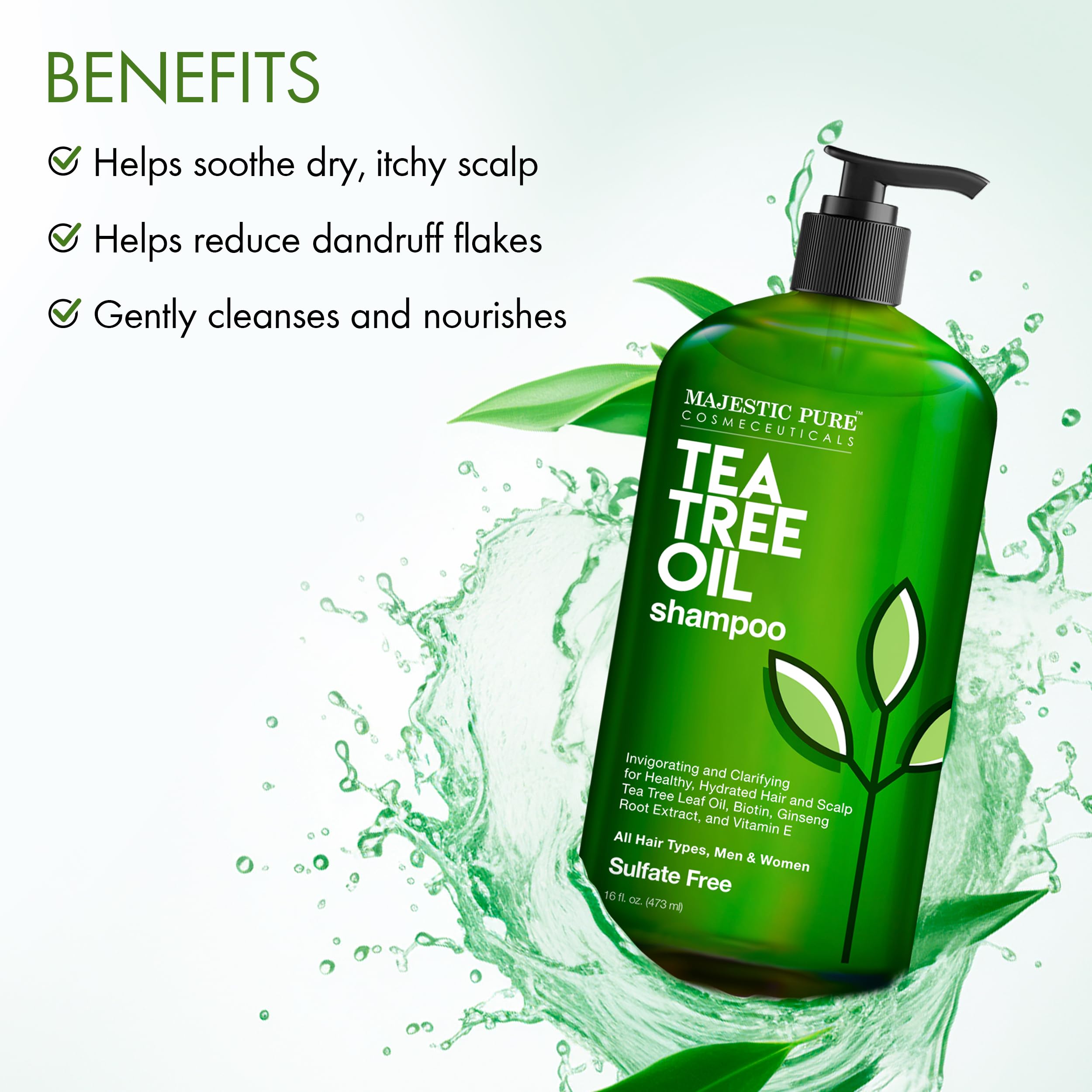 Majestic Pure Tea Tree Shampoo label closeup highlights sulfate-free formula