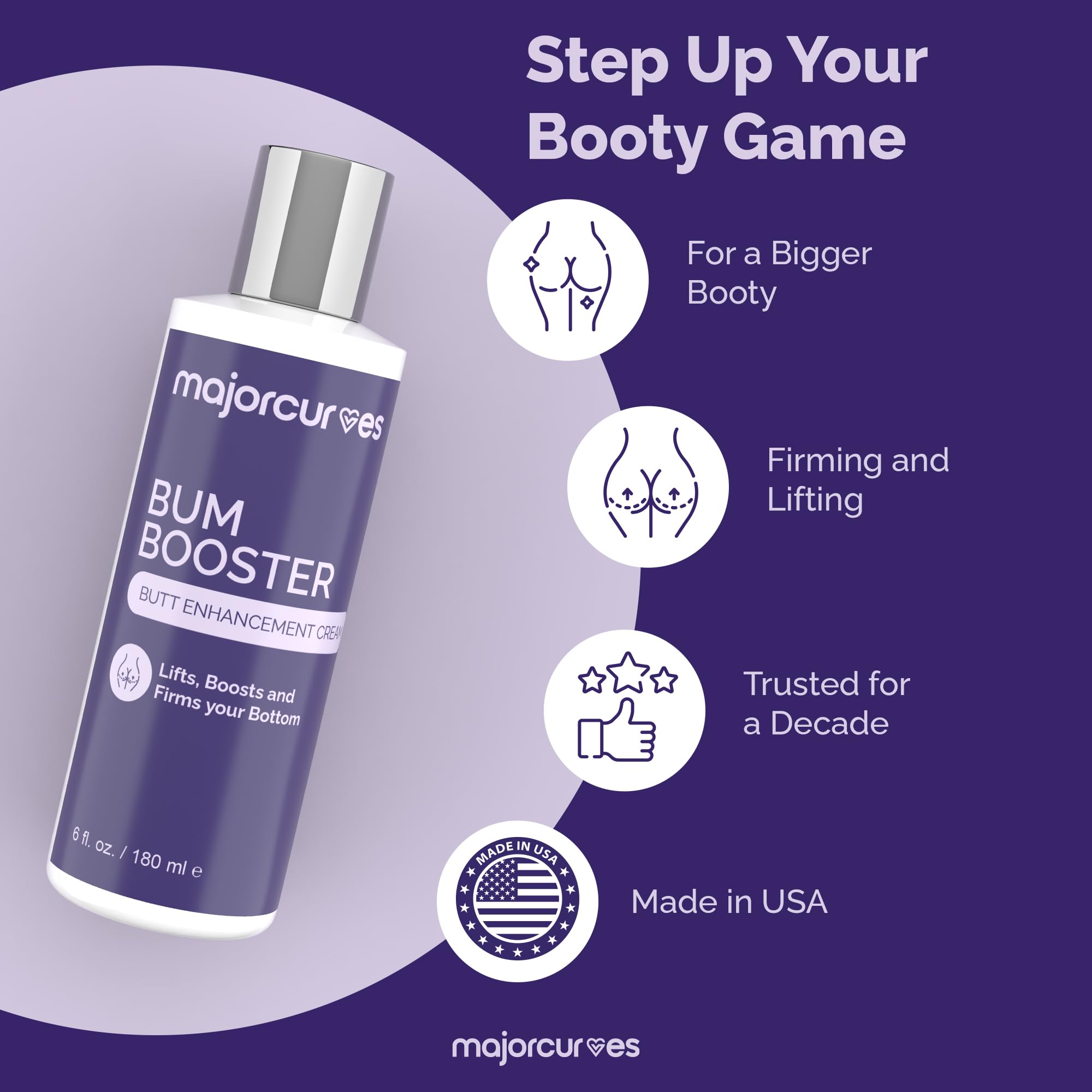 Packaging highlights Wild Yam and Aloe ingredients in Major Curves Bum Booster Cream.