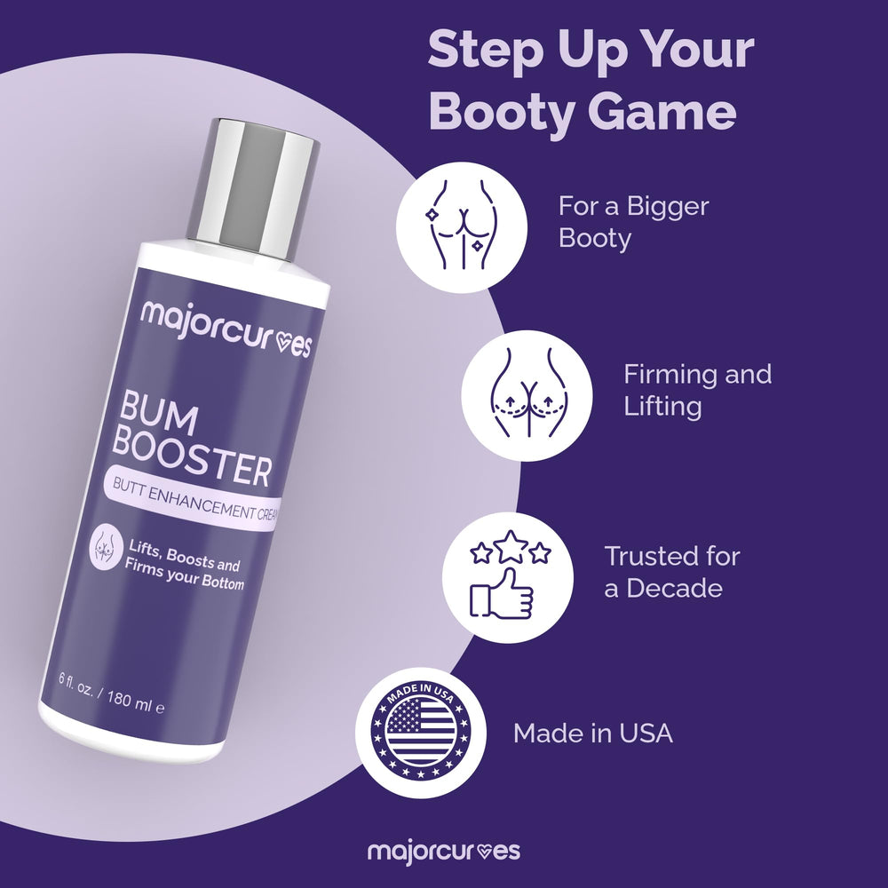 Packaging highlights Wild Yam and Aloe ingredients in Major Curves Bum Booster Cream.