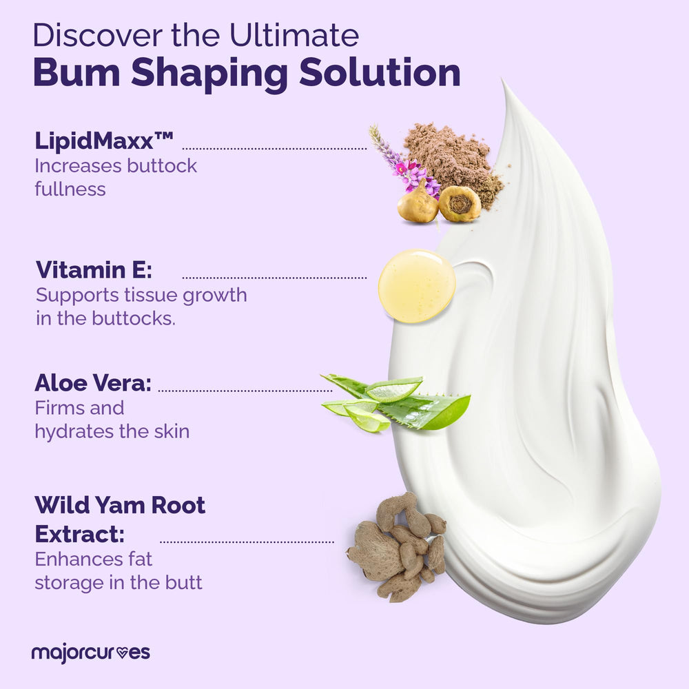 Jar and box highlight LipidMaxx blend inside Major Curves Bum Booster Cream.