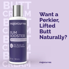 Major Curves Bum Booster Cream texture close-up illustrates a non-greasy finish.