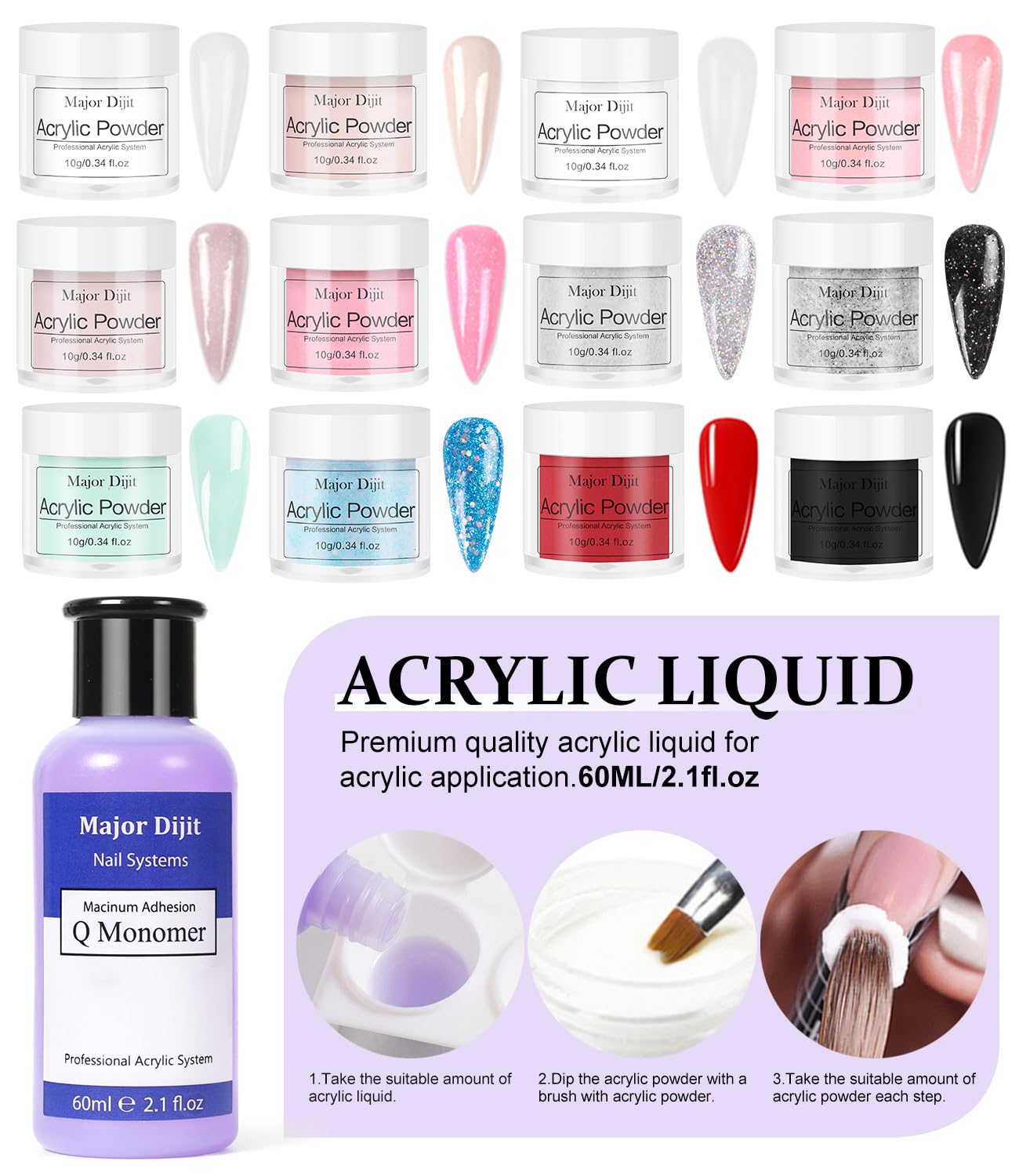 Major Dijit acrylic powder 12-color assortment showcased for versatile nail design.