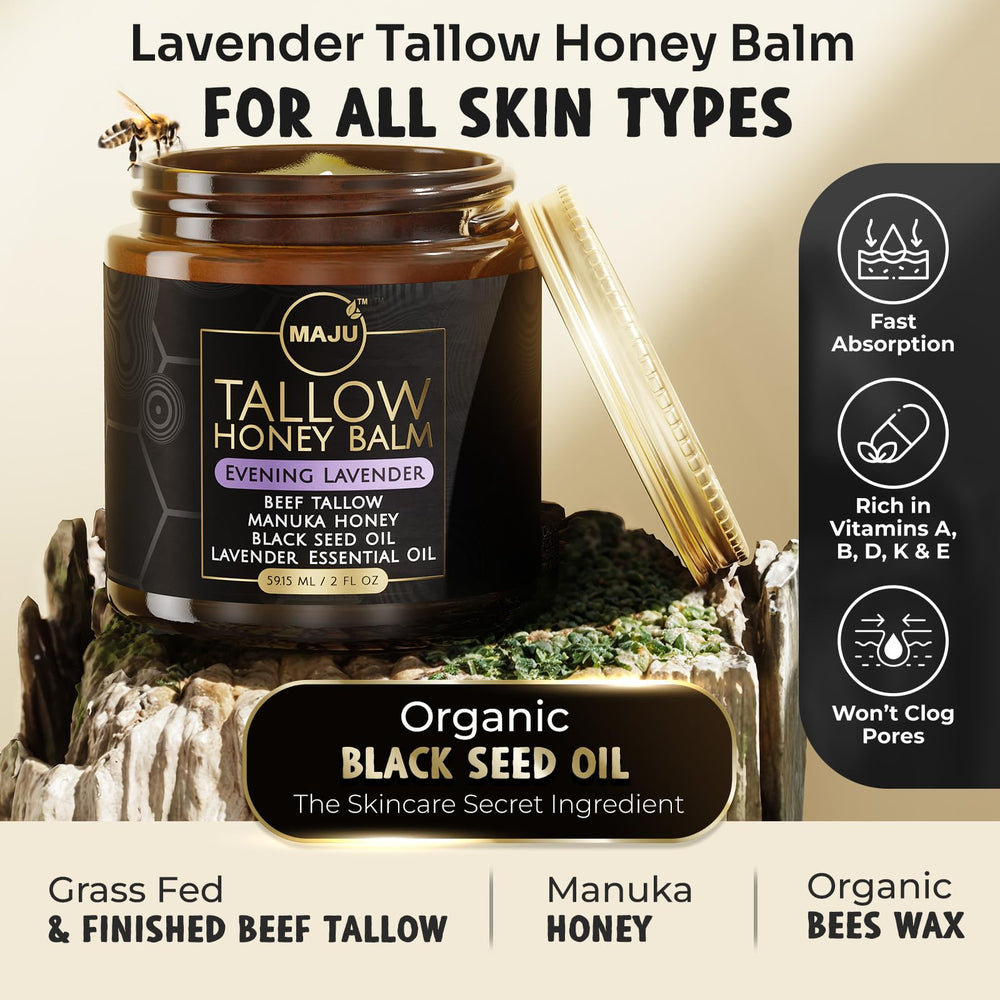 MAJU Tallow Honey Balm Evening Lavender jar close-up highlighting natural ingredients for skin nourishment