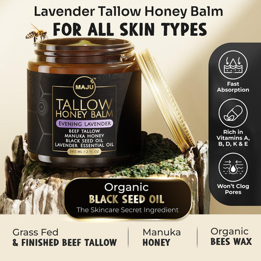 MAJU Tallow Honey Balm Evening Lavender jar close-up highlighting natural ingredients for skin nourishment