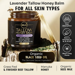 MAJU Tallow Honey Balm Evening Lavender jar close-up highlighting natural ingredients for skin nourishment