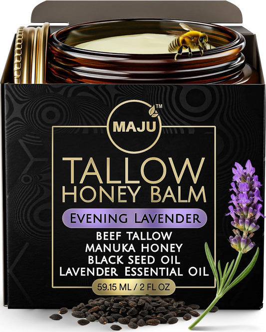 MAJU Tallow Honey Balm Evening Lavender jar close-up for deep overnight hydration