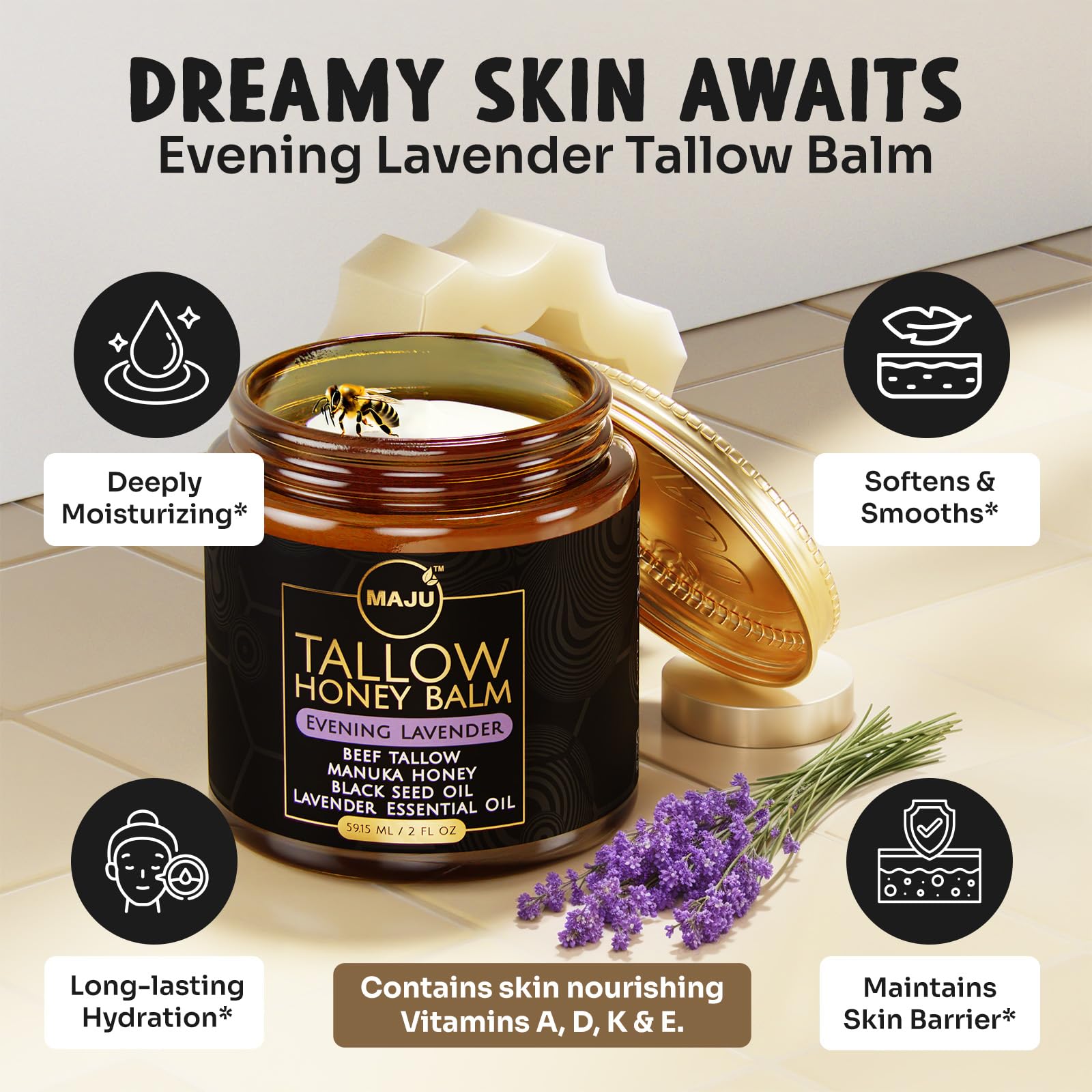 MAJU Tallow Honey Balm raw tallow texture visible for rich moisture