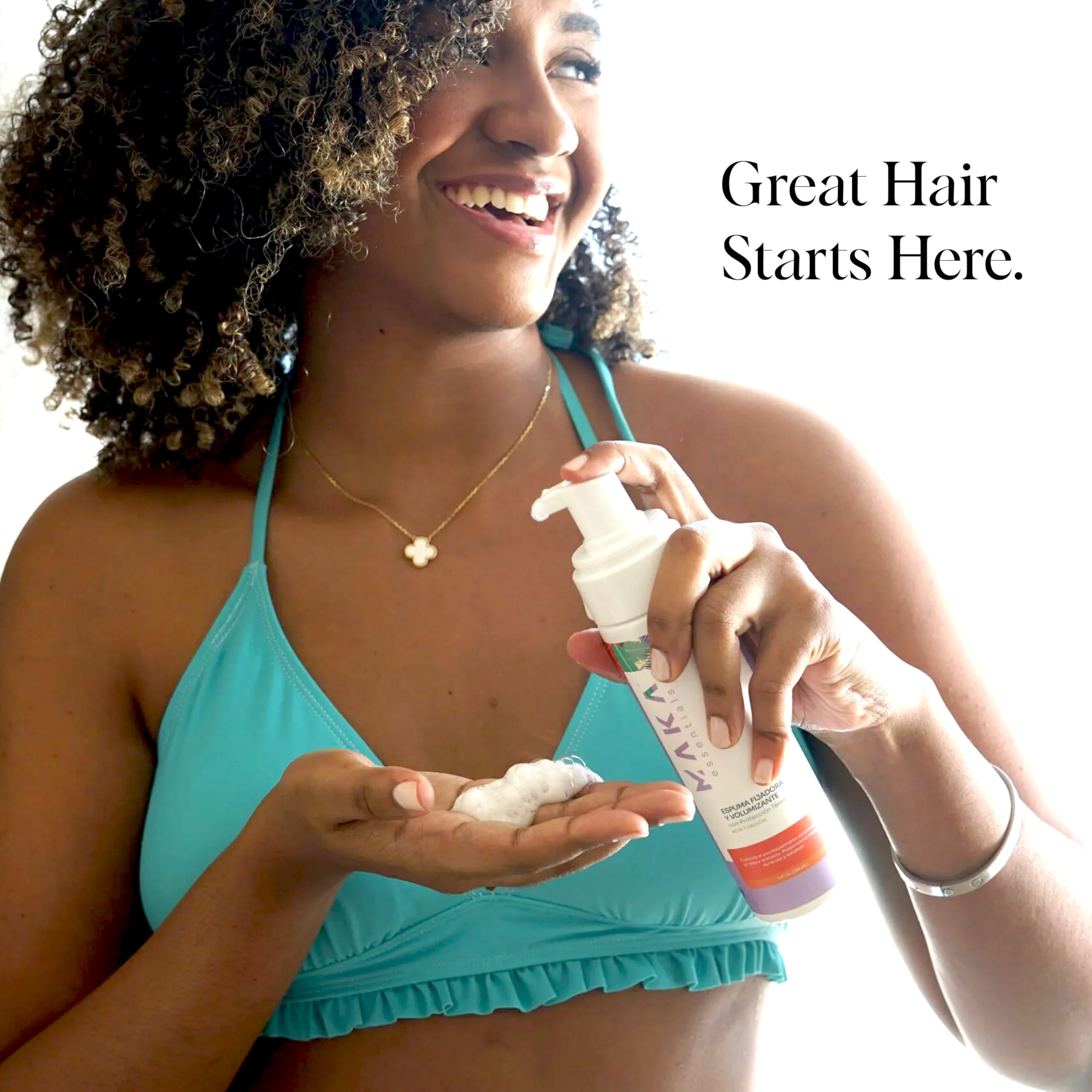 Maka Essentials anti-frizz-mousse smooths frizz and flyaways in humidity.