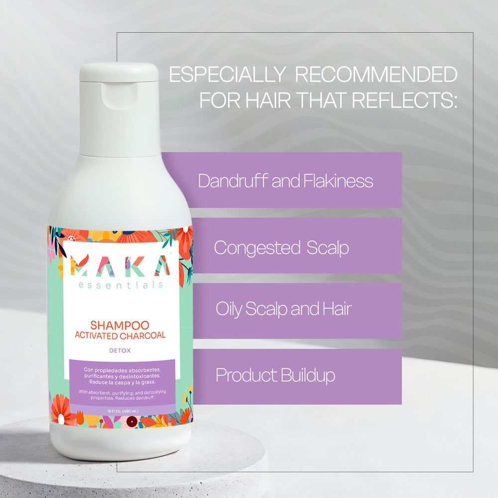 Maka Essentials purifying formula bottle highlights deep cleansing for balanced scalp