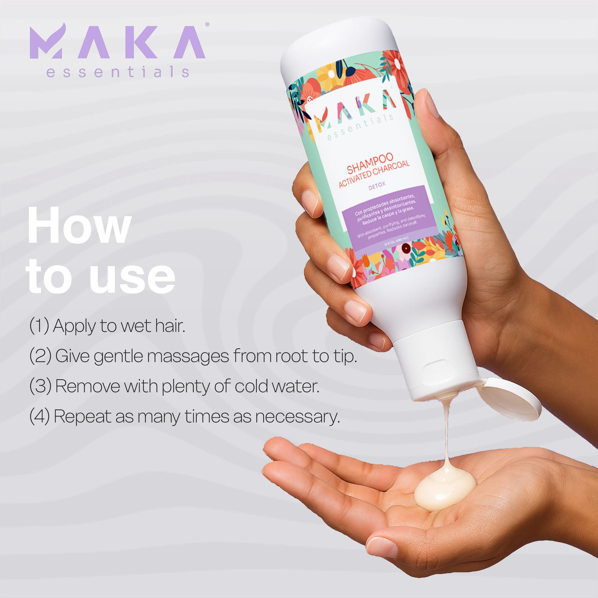 Maka Essentials volume boost bottle implies fuller, bouncier hair after wash