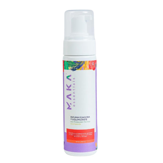 Maka Essentials fixing-volumizing mousse bottle shows all-day hold and body.