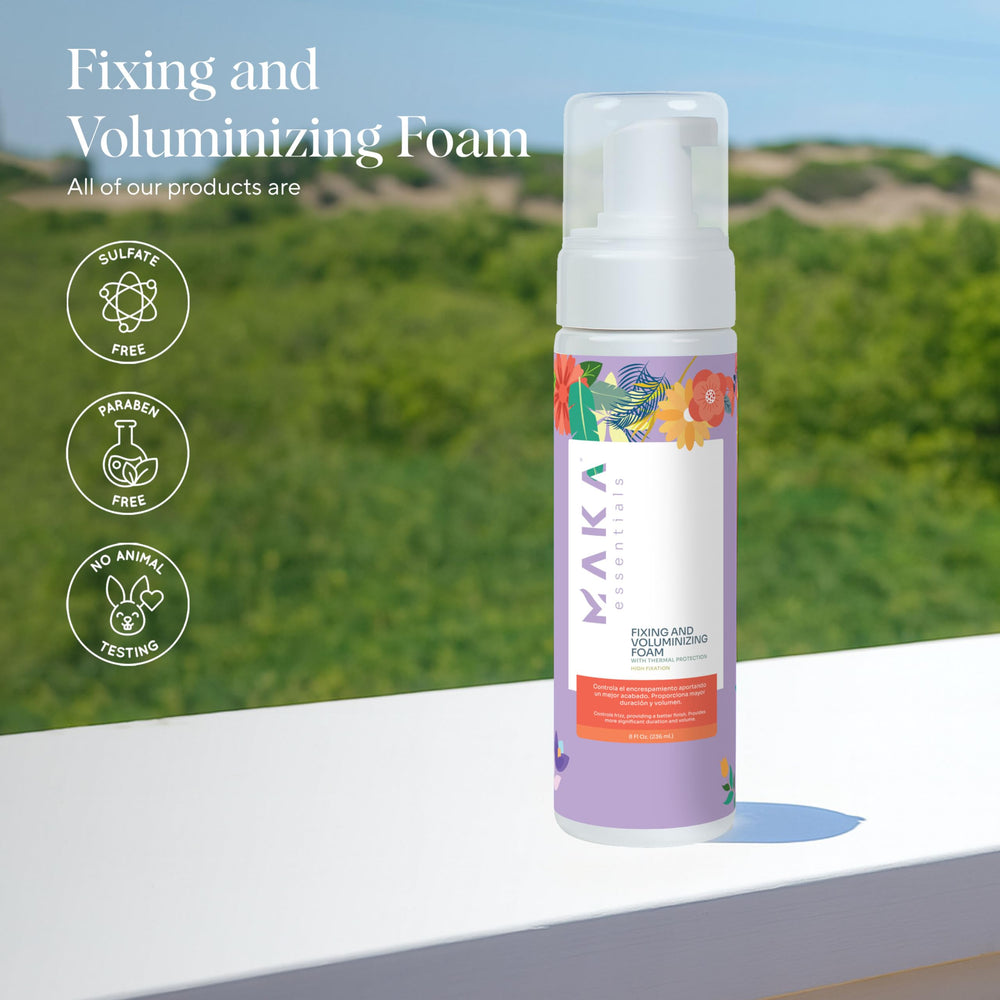 Maka Essentials heat-protection-hair-mousse shields strands from hot tools.