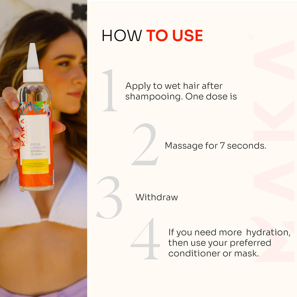 MAKA Essentials Lamellar Water on hair application scene shows silky, manageable strands