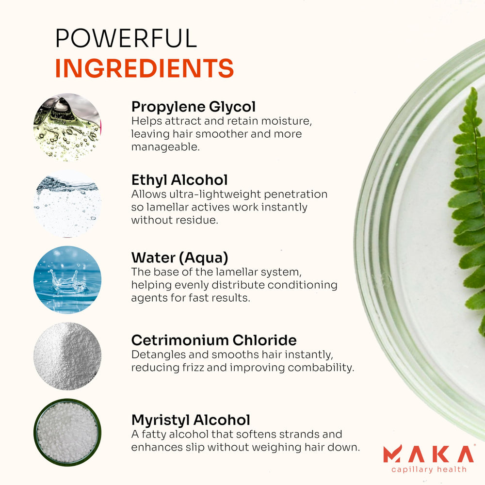 MAKA Essentials Lamellar Water on hair after use shows a shiny, healthy look