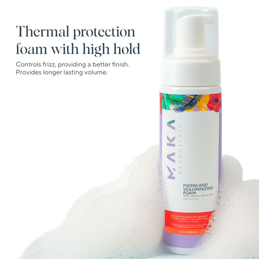 Maka Essentials root-lift-foaming-mousse at the roots delivers instant volume.