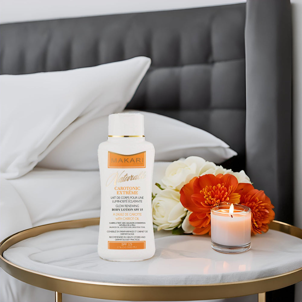 MAKARI Carotonic Extreme Body Lotion on torso showing even tone and hydration.