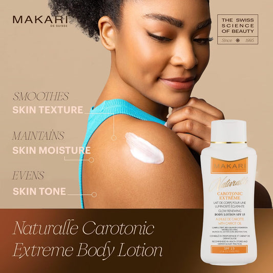 MAKARI Carotonic Extreme Body Lotion pump closeup showing easy dispensing.