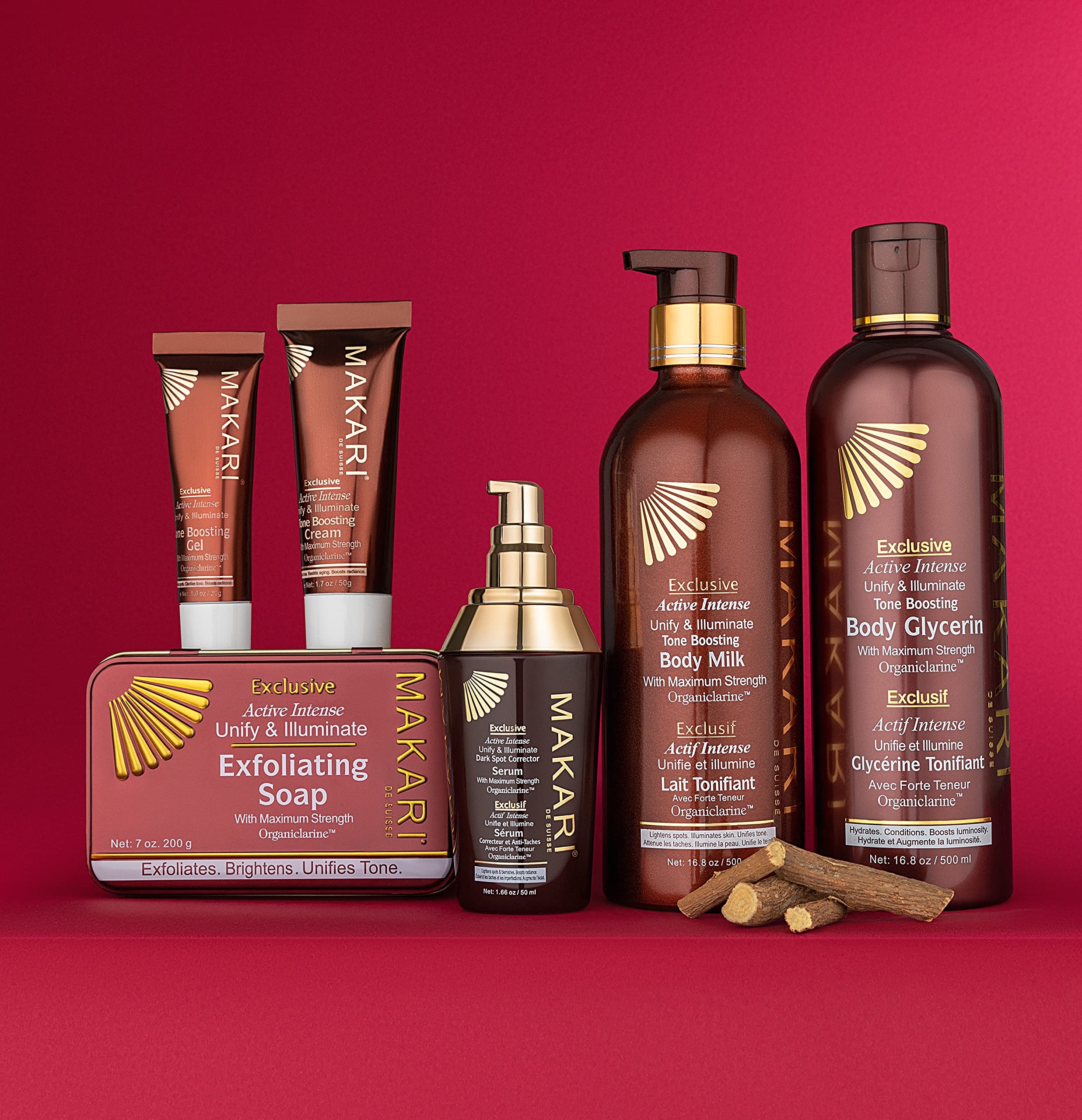 Makari Exclusive set product arrangement, clean layout showcasing three-step routine.