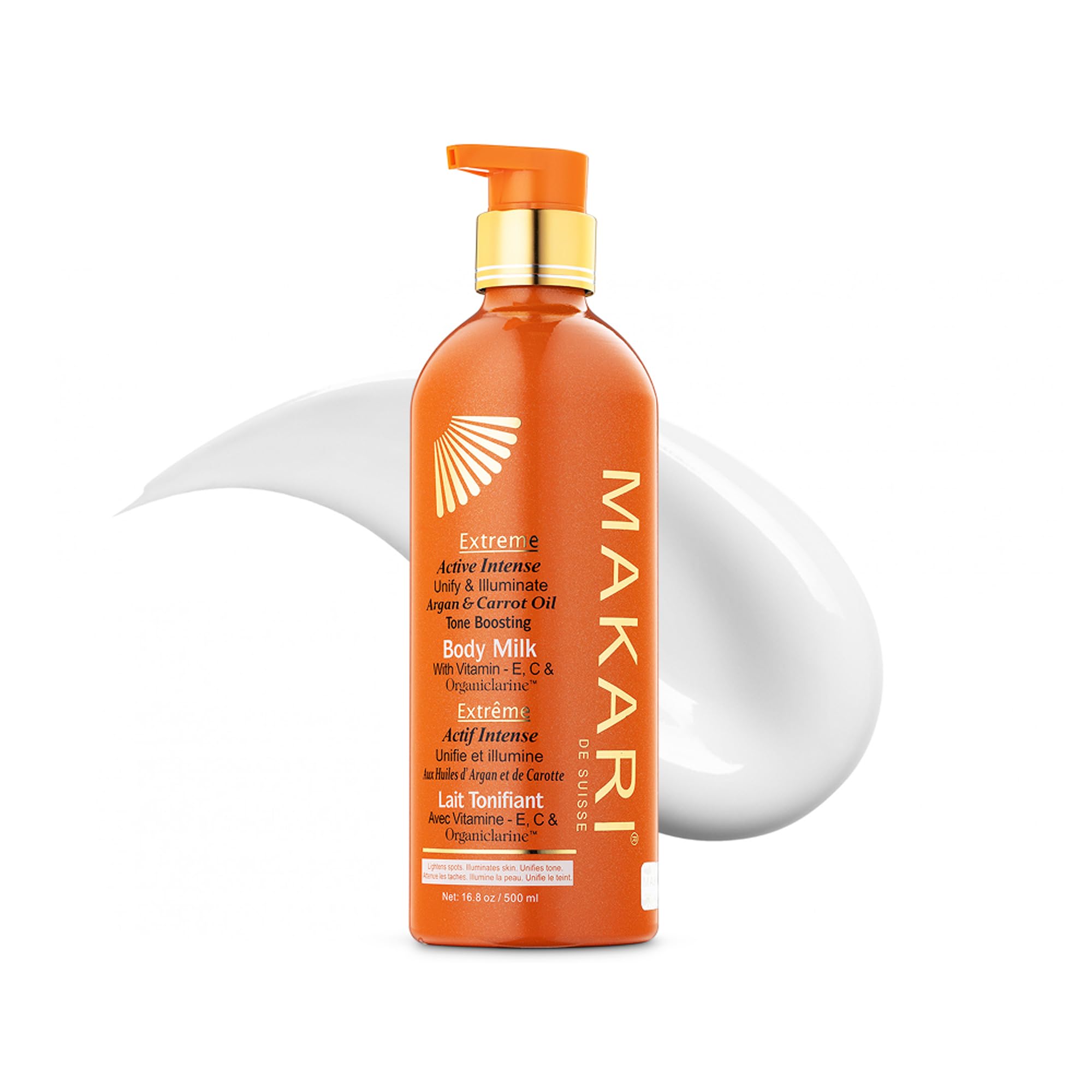 MAKARI Extreme Active Intense Carrot & Argan Oil Body Milk bottle close-up showing hydration for a more even tone.