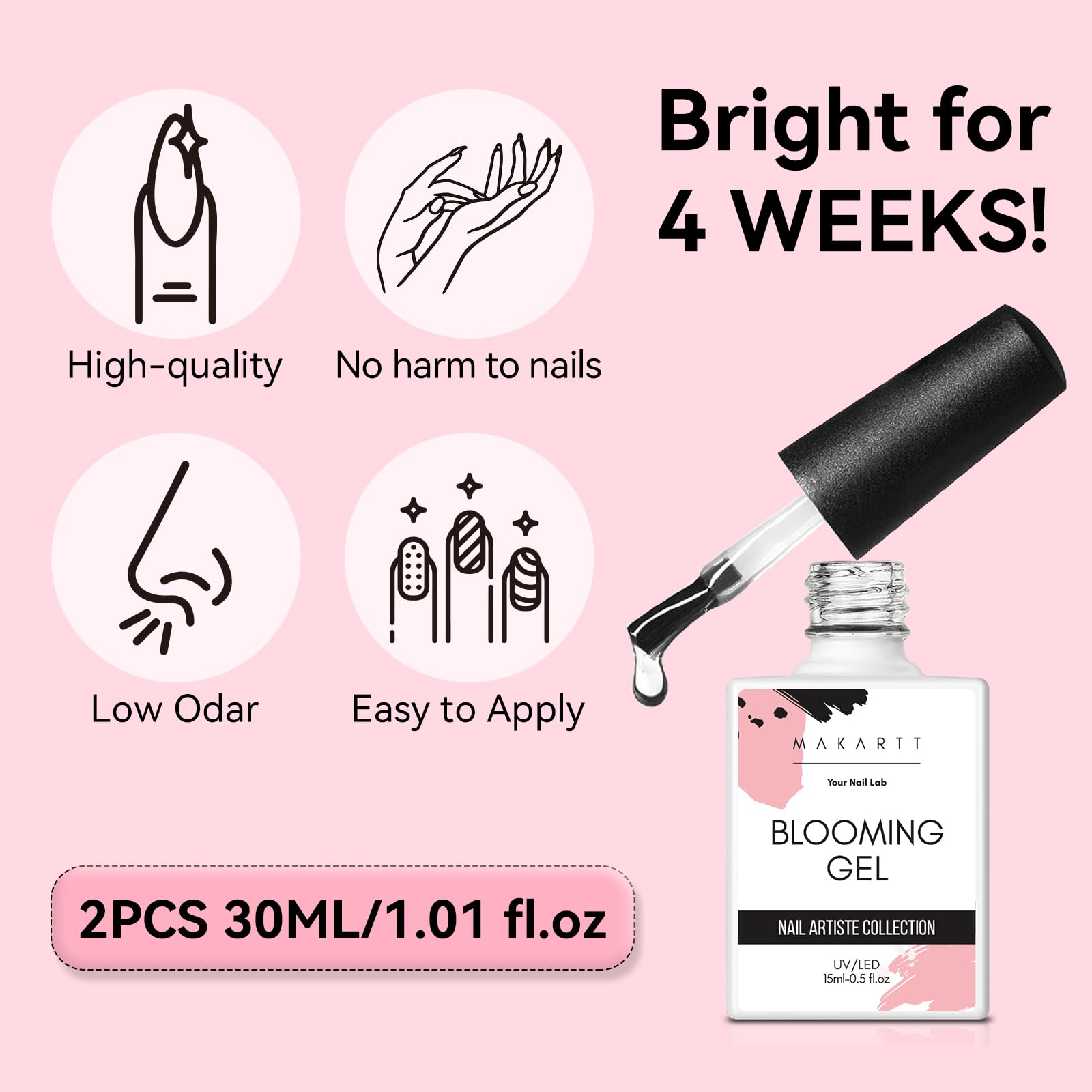 Makartt Blooming Gel-Low odor formula for comfortable at-home manicures.