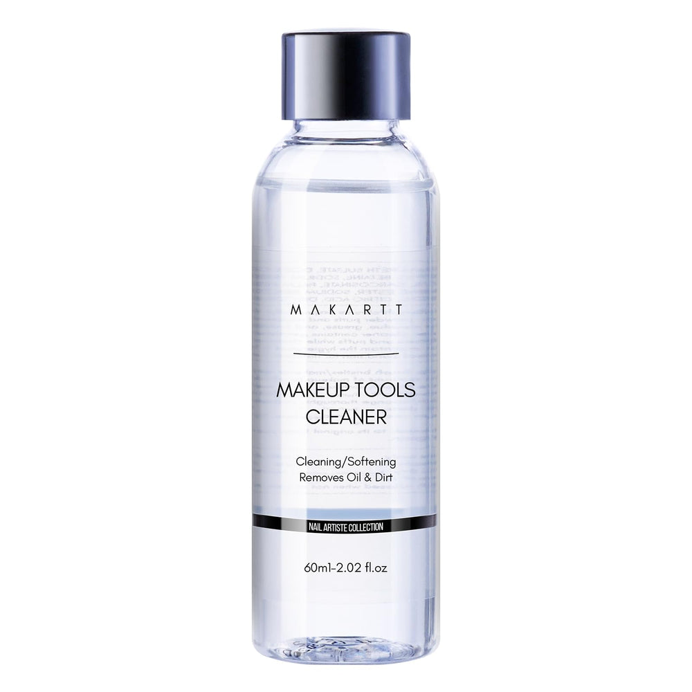 Makartt Brush Cleaner Solution bottle on vanity for quick residue removal