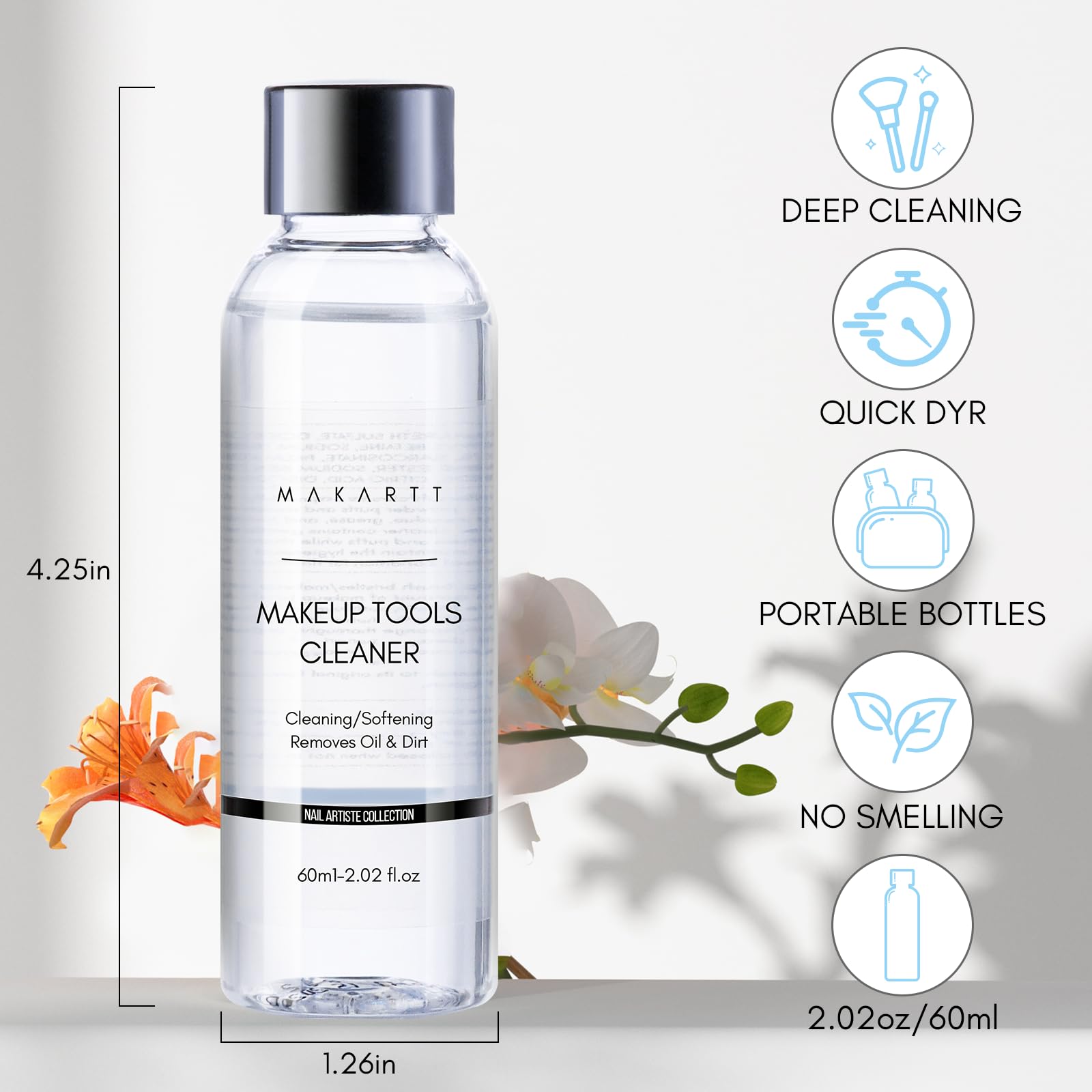 Makartt Brush Cleaner Solution close-up on brush heads shows softness retention
