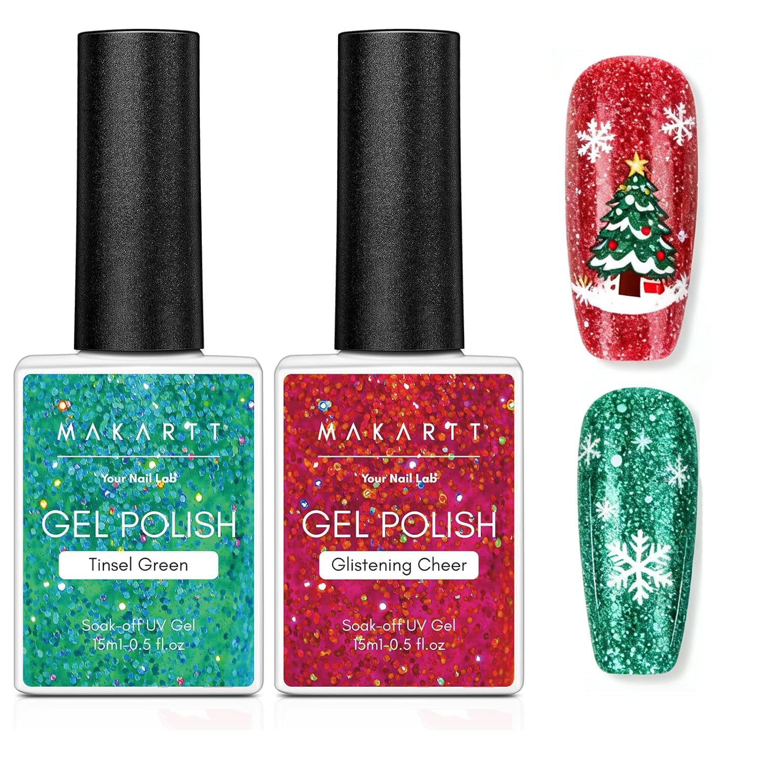 Makartt Christmas glitter gel red and green bottle close-up for festive manicure.