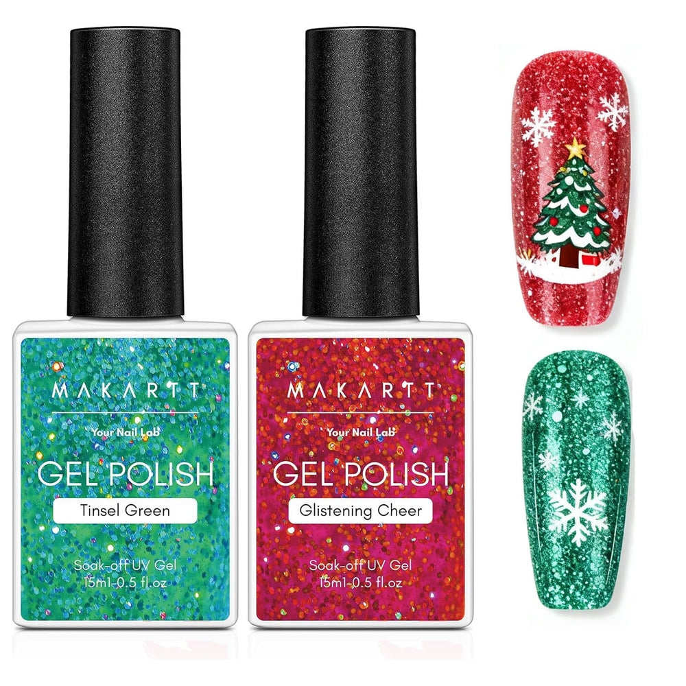 Makartt Christmas glitter gel red and green bottle close-up for festive manicure.