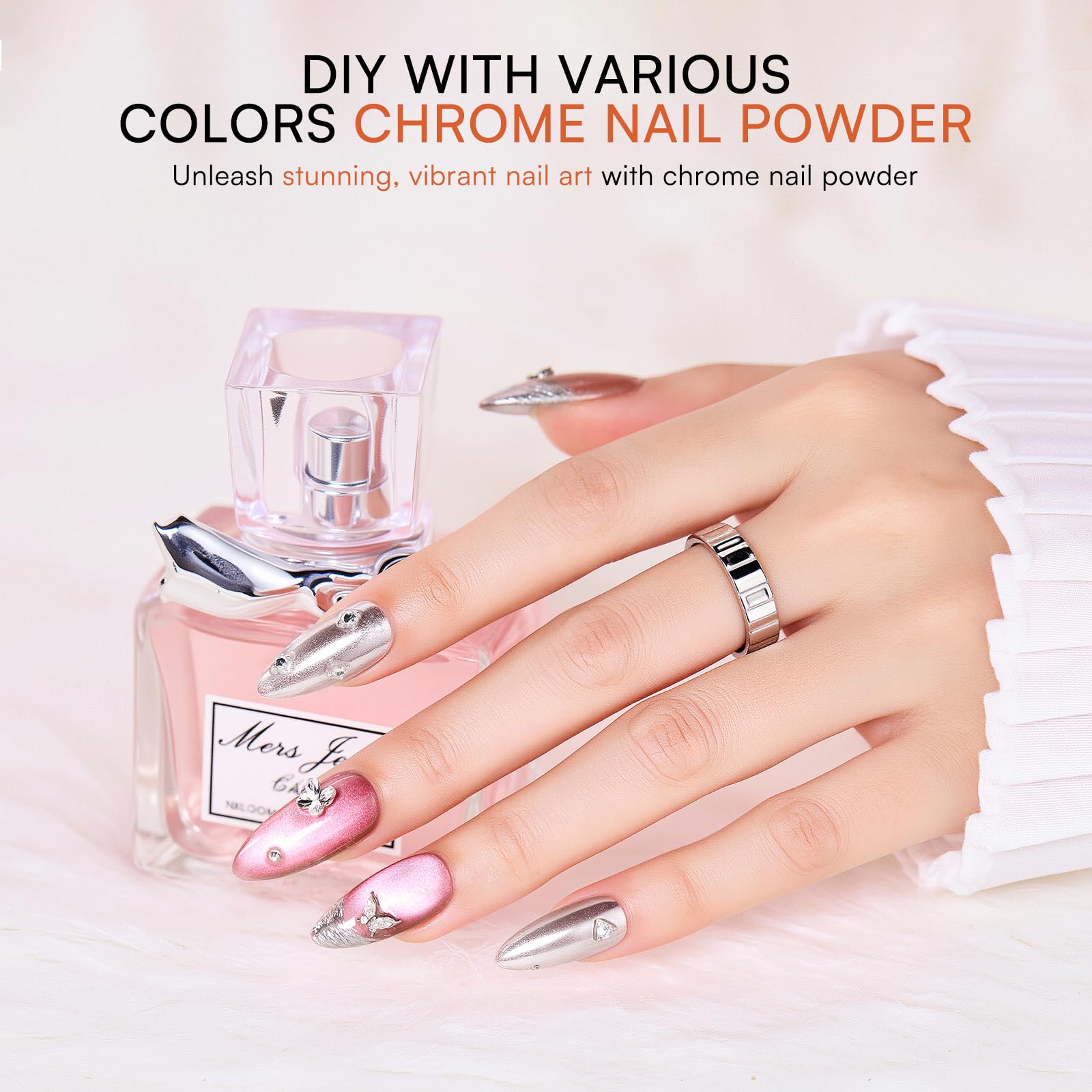 Makartt chrome powder in silver for salon-grade metallic nails