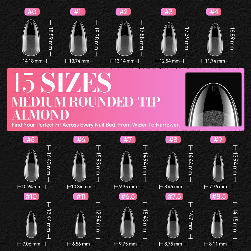 Makartt clear almond tips work with gel, acrylic, or dip systems for versatility.