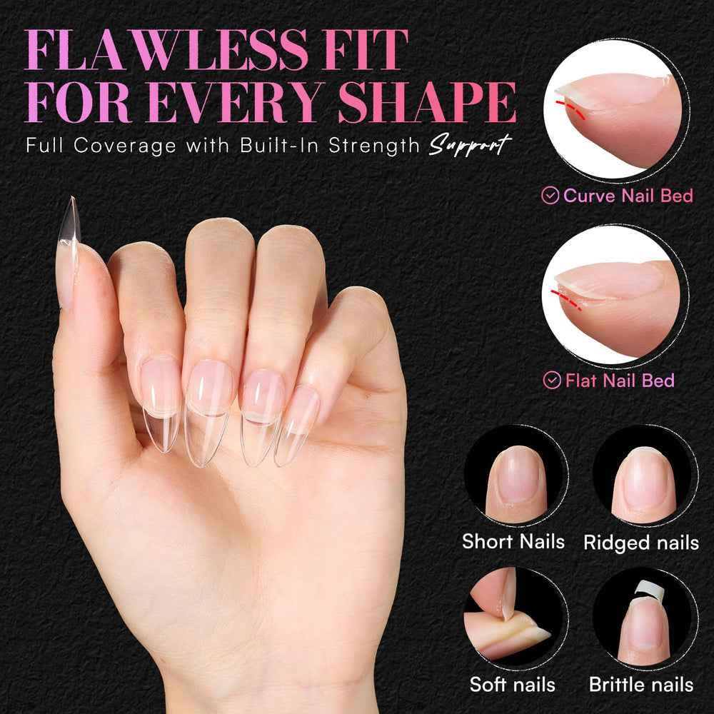 Makartt full-cover almond tips offer a natural look with a soft acrylic feel.
