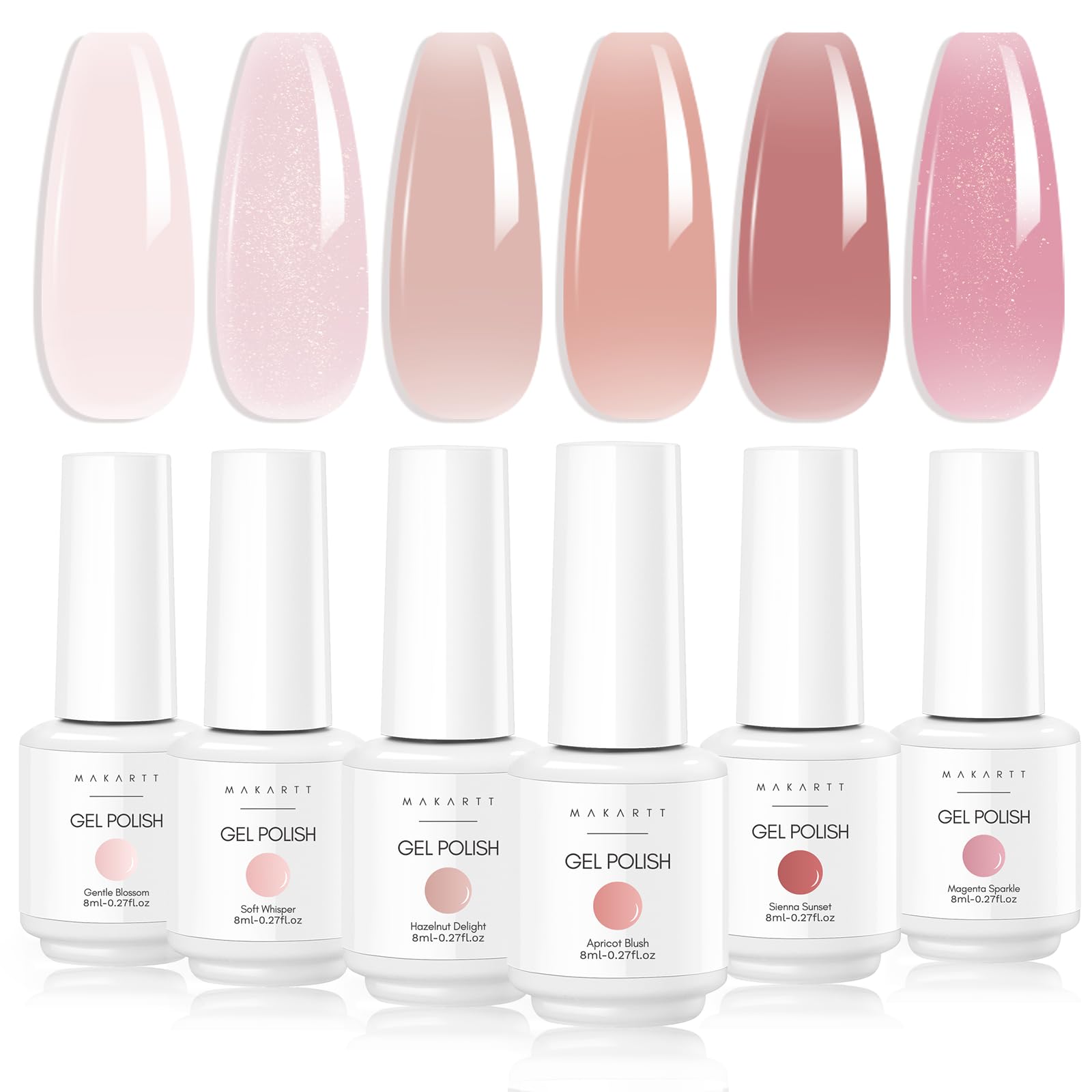 Makartt gel nail polish set nude pink swatches for natural-looking manicures, ideal for daily wear.