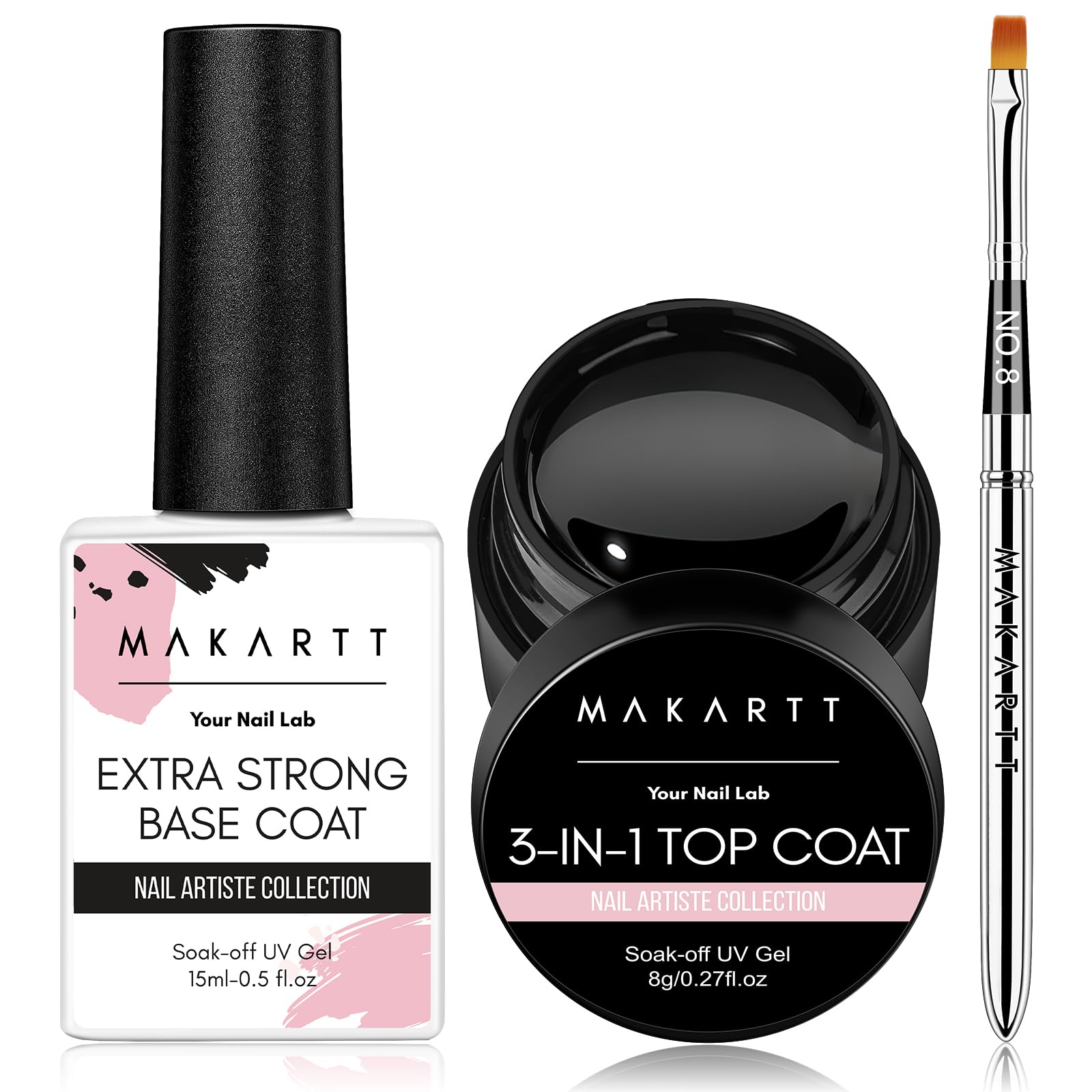 Makartt gel top-base set bottle with brush for easy at-home application.