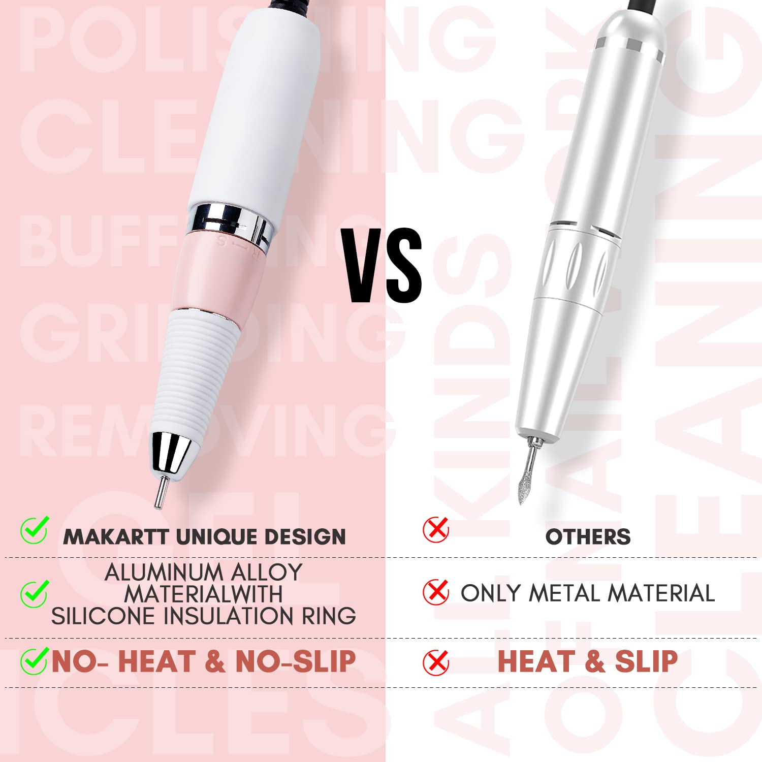 Built-in jaw reduces dust during filing on Makartt Malory handpiece