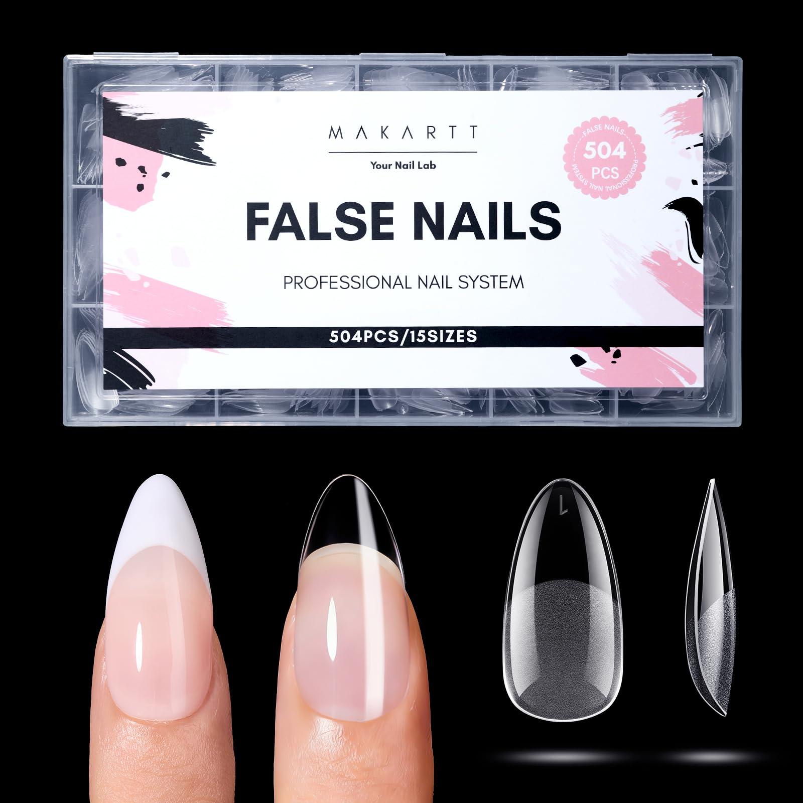Makartt medium almond nail tips with pre-etched clear surface for quick, secure manicures.