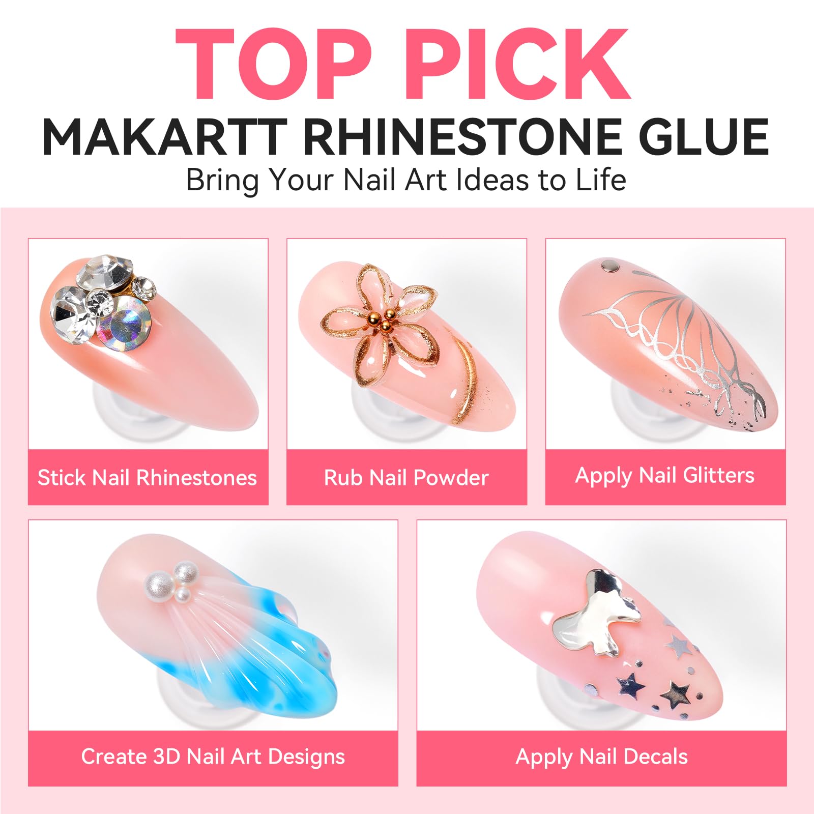 Makartt Nail Art Glue shown on different nail systems for strong hold.