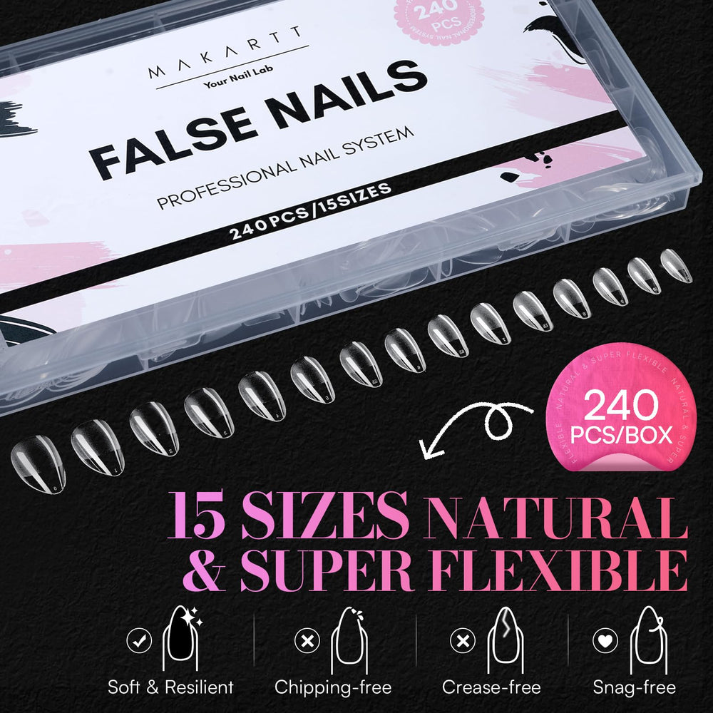 Makartt short almond tips showing 15 sizes for versatile nail bed coverage.