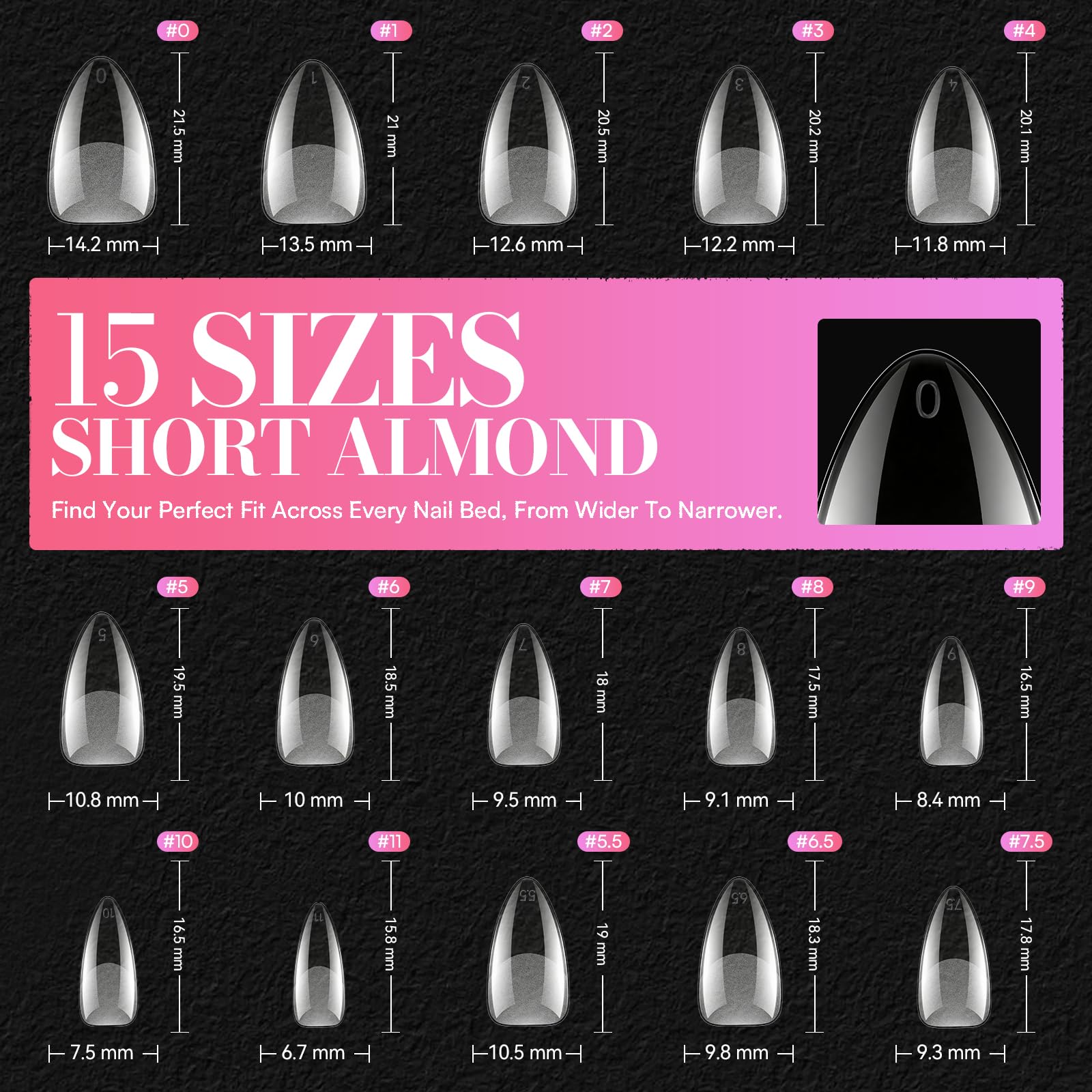 Makartt short almond tips demonstrating clear jelly formula for flexibility.