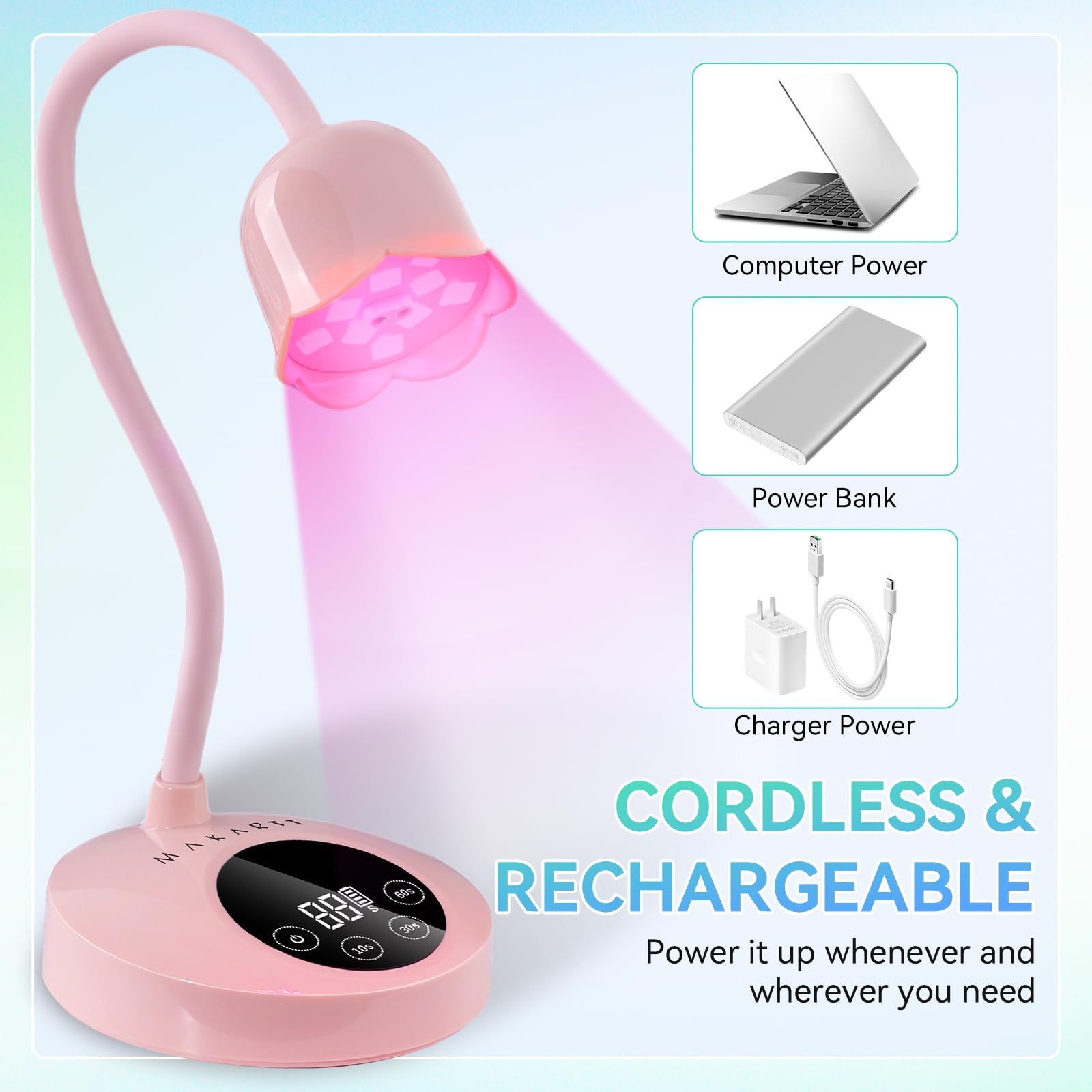 Makartt pink cordless lamp charging, ready for multiple manicures.